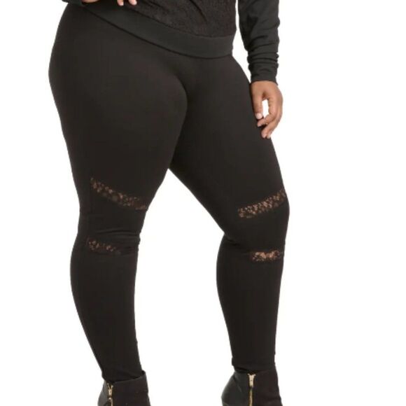 Poetic Justice Leggings Janet Curvy Fit Peekaboo Lace Ponte Casual Black Neutral - Picture 9 of 9